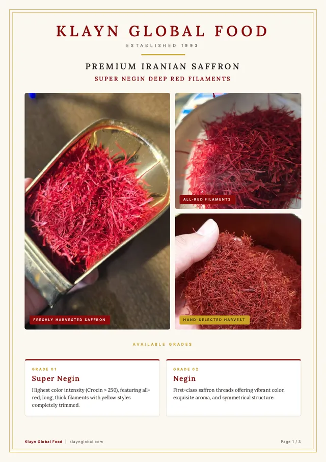Cover page of the Klayn Global Food premium Iranian saffron catalogue
