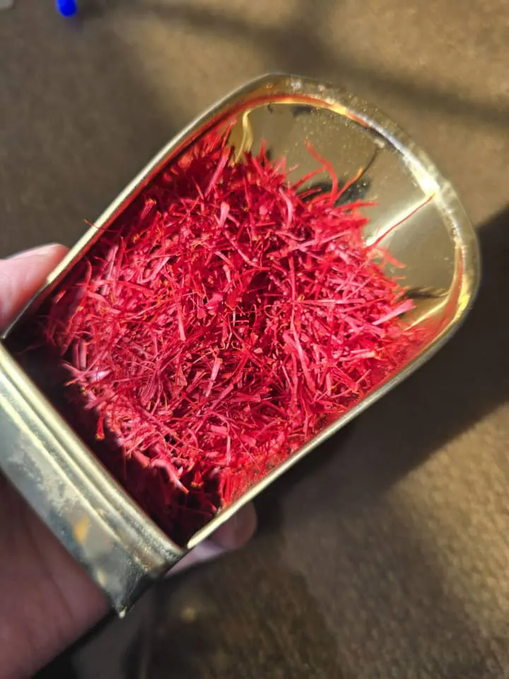 Saffron threads in a gold metal canister held in hand